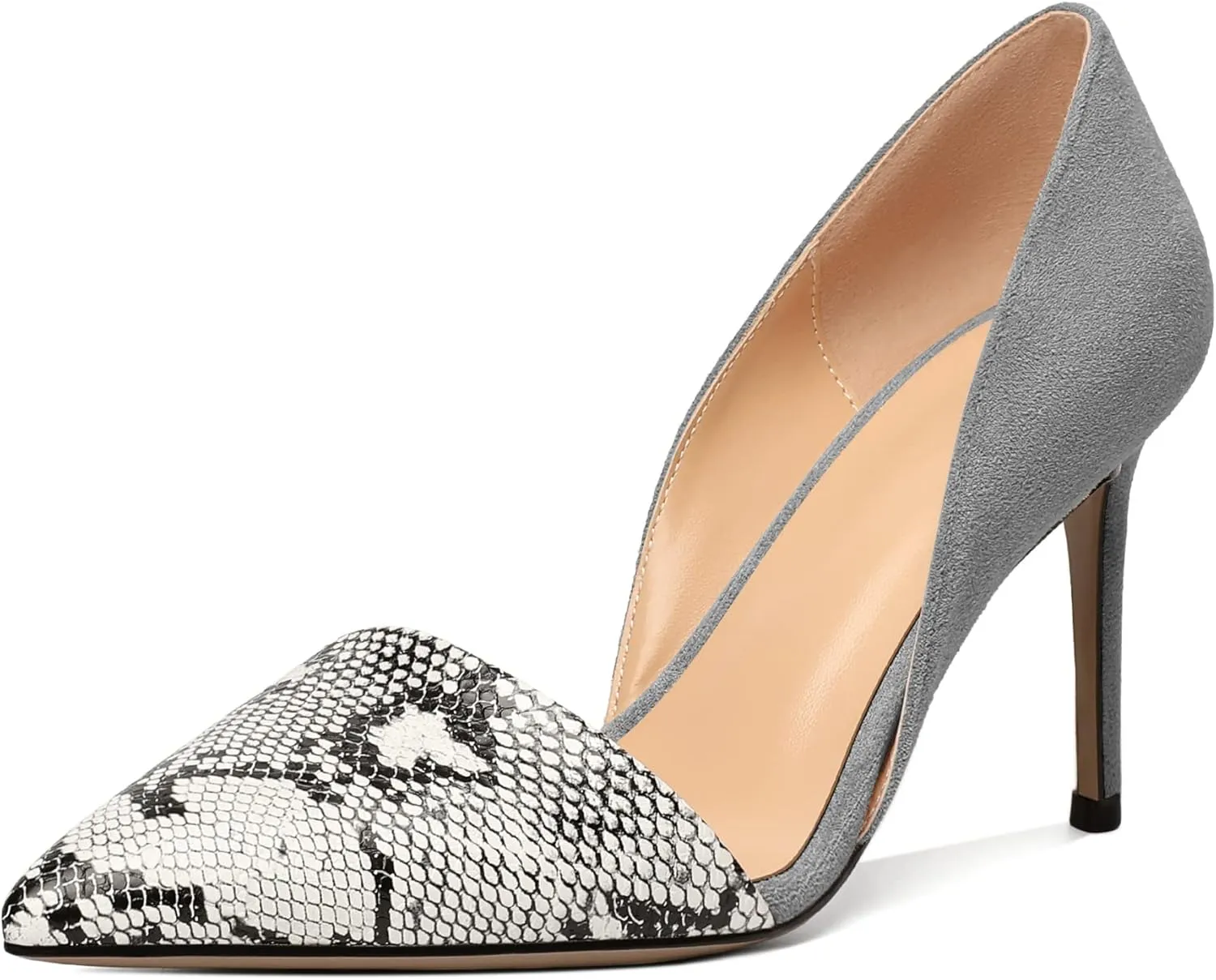 Mettesally Women Stiletto Heels Snakeskin Slip On Pointed Toe Pumps Closed Toe High Heel Dress Shoes for Wedding Party Office