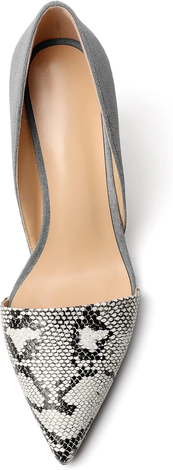 Mettesally Women Stiletto Heels Snakeskin Slip On Pointed Toe Pumps Closed Toe High Heel Dress Shoes for Wedding Party Office
