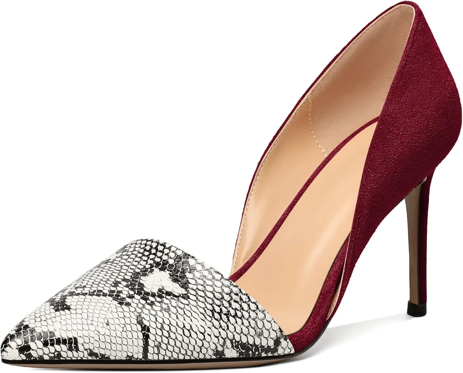 Mettesally Women Stiletto Heels Snakeskin Slip On Pointed Toe Pumps Closed Toe High Heel Dress Shoes for Wedding Party Office