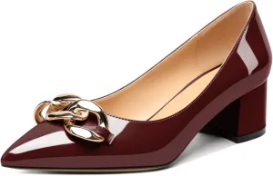 Mettesally Women's Block Heel Pumps Pointed Toe Mid Heels Heeled Pumps Low Heels with Metal Chain Dressy Wedding Party Shoes