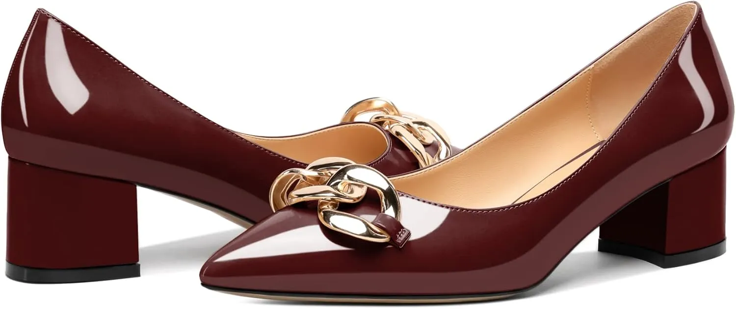 Mettesally Women's Block Heel Pumps Pointed Toe Mid Heels Heeled Pumps Low Heels with Metal Chain Dressy Wedding Party Shoes