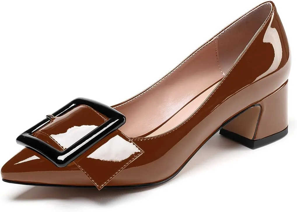 Mettesally Women's Block Heels Chunky Heel Pumps Classic Pointed Toe Slip On Buckle Wedding Office Dress Shoes