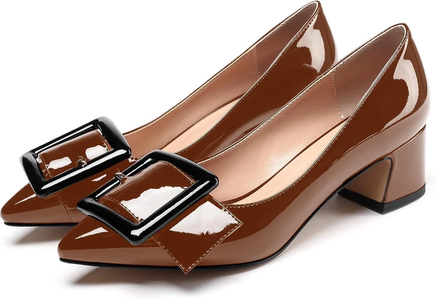 Mettesally Women's Block Heels Chunky Heel Pumps Classic Pointed Toe Slip On Buckle Wedding Office Dress Shoes