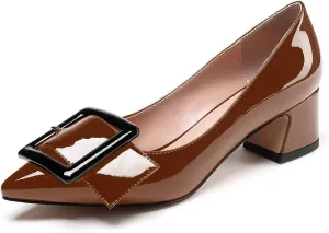 Mettesally Women's Block Heels Chunky Heel Pumps Classic Pointed Toe Slip On Buckle Wedding Office Dress Shoes