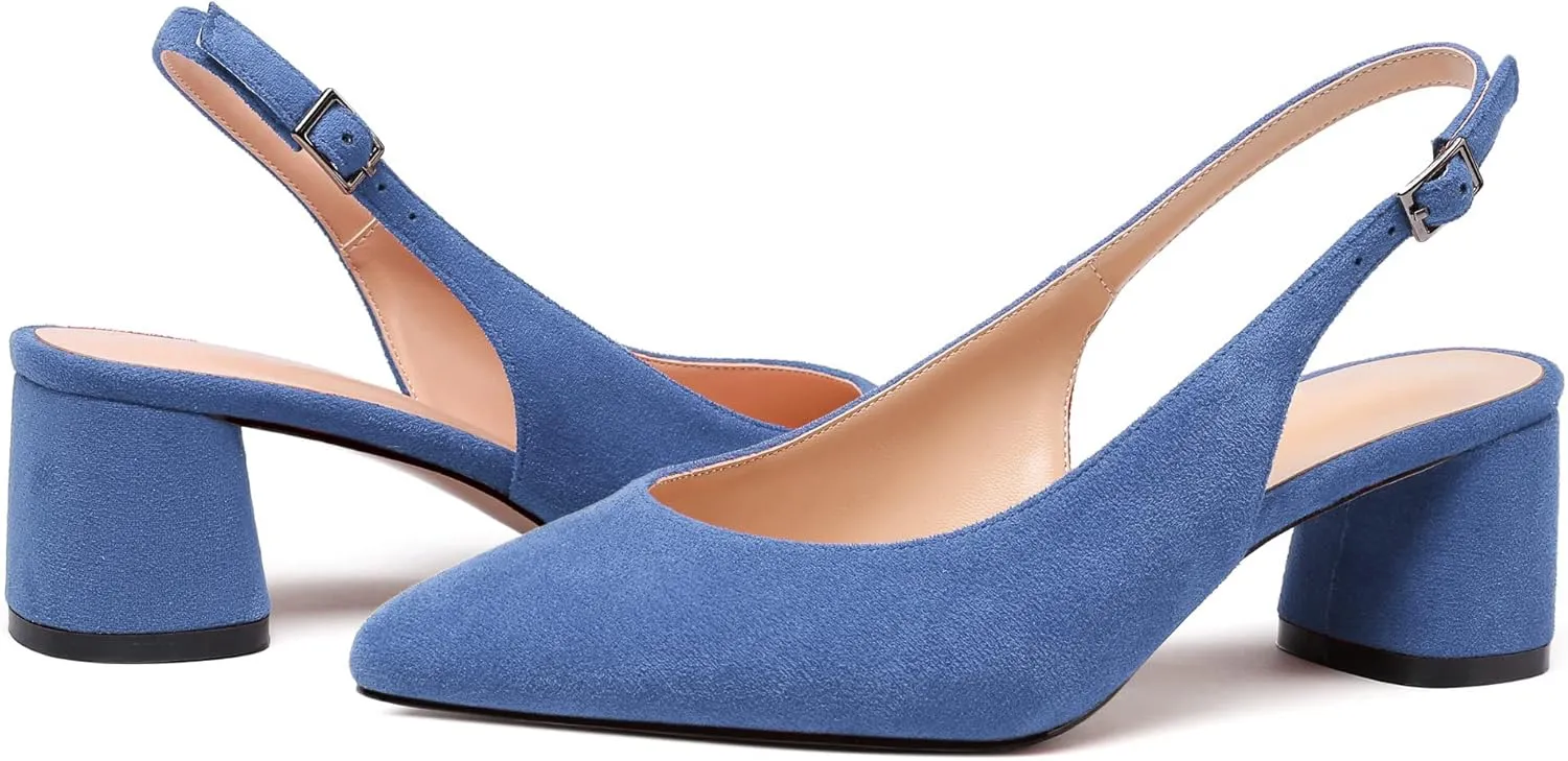 Mettesally Women's Block Slingback Heels Pumps Ankle Strap Round Closed Toe Chunky Heels Wedding Office Dress Shoes