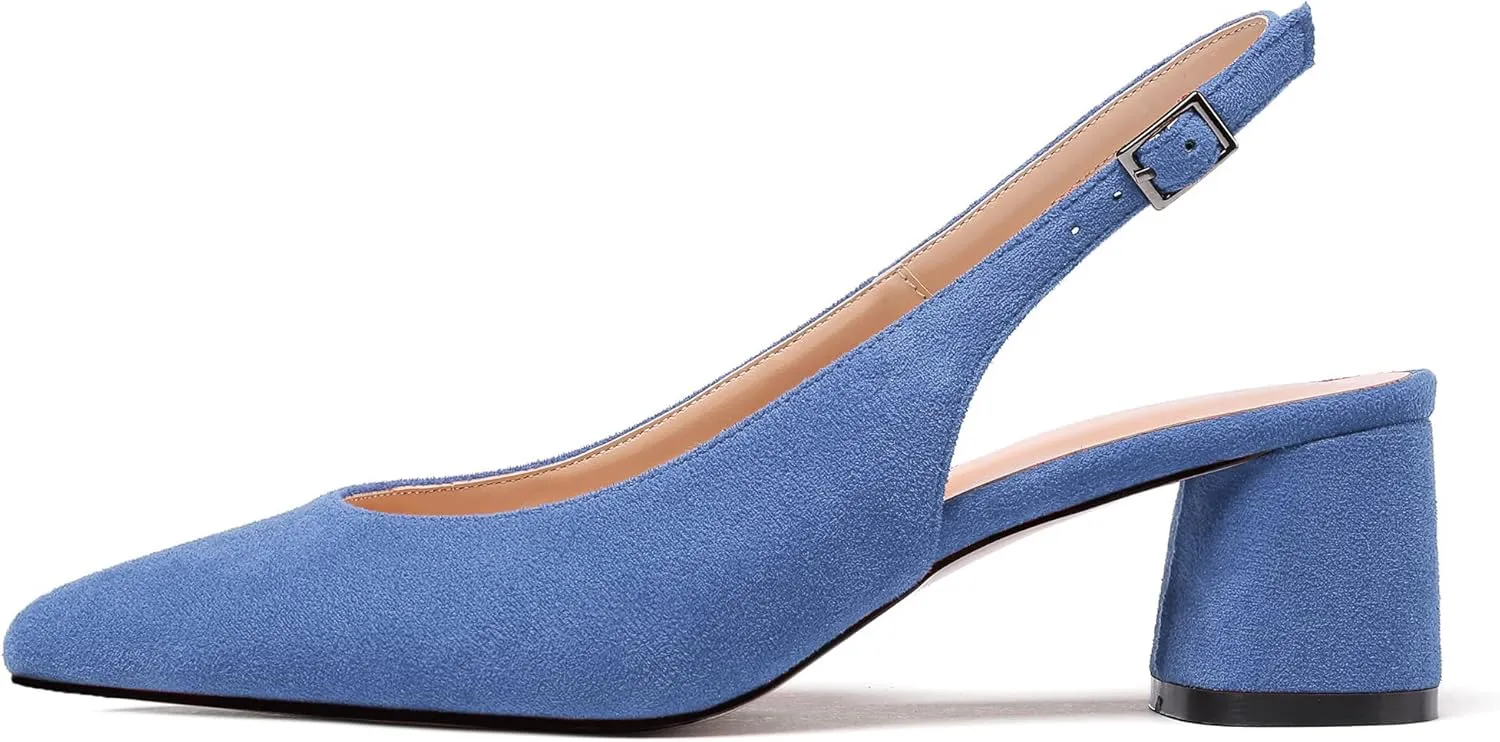 Mettesally Women's Block Slingback Heels Pumps Ankle Strap Round Closed Toe Chunky Heels Wedding Office Dress Shoes