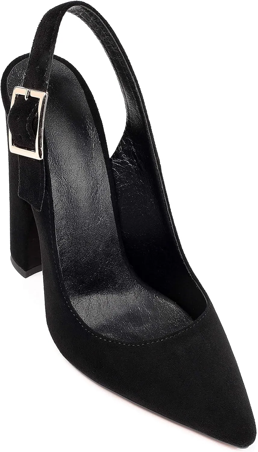 Mettesally Women's Slingback Chunky Block High Heels Pointed Toe Pumps Ankle Strap Party Office Heeled Shoes