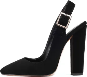 Mettesally Women's Slingback Chunky Block High Heels Pointed Toe Pumps Ankle Strap Party Office Heeled Shoes