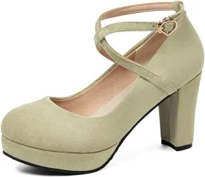 MIOKE Women's Square Toe Chunky High Block Heel Pumps Suede Buckle Strap Comfort Mary Jane Dress Shoes