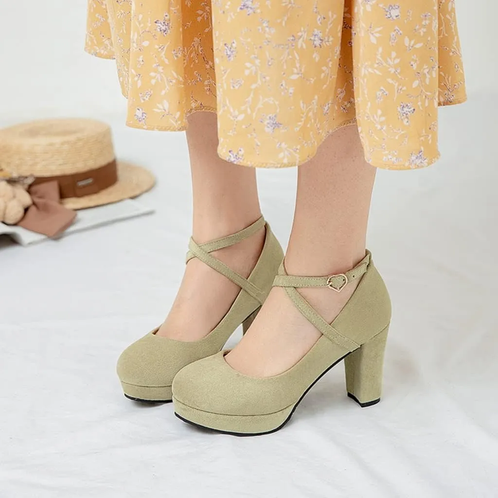 MIOKE Women's Square Toe Chunky High Block Heel Pumps Suede Buckle Strap Comfort Mary Jane Dress Shoes