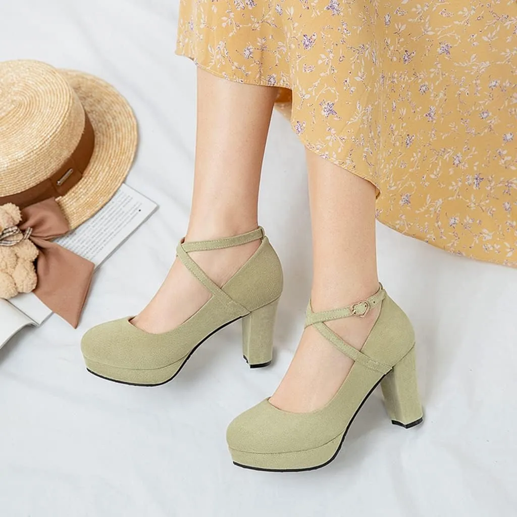 MIOKE Women's Square Toe Chunky High Block Heel Pumps Suede Buckle Strap Comfort Mary Jane Dress Shoes