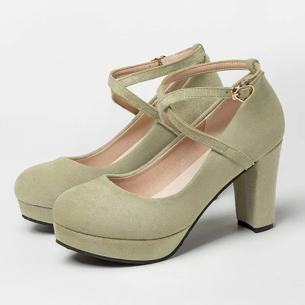 MIOKE Women's Square Toe Chunky High Block Heel Pumps Suede Buckle Strap Comfort Mary Jane Dress Shoes