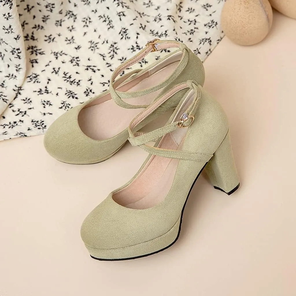 MIOKE Women's Square Toe Chunky High Block Heel Pumps Suede Buckle Strap Comfort Mary Jane Dress Shoes