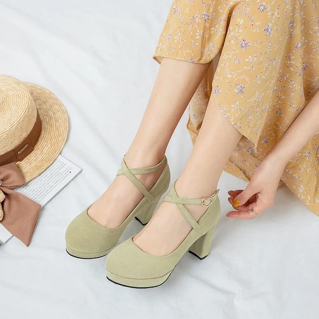 MIOKE Women's Square Toe Chunky High Block Heel Pumps Suede Buckle Strap Comfort Mary Jane Dress Shoes