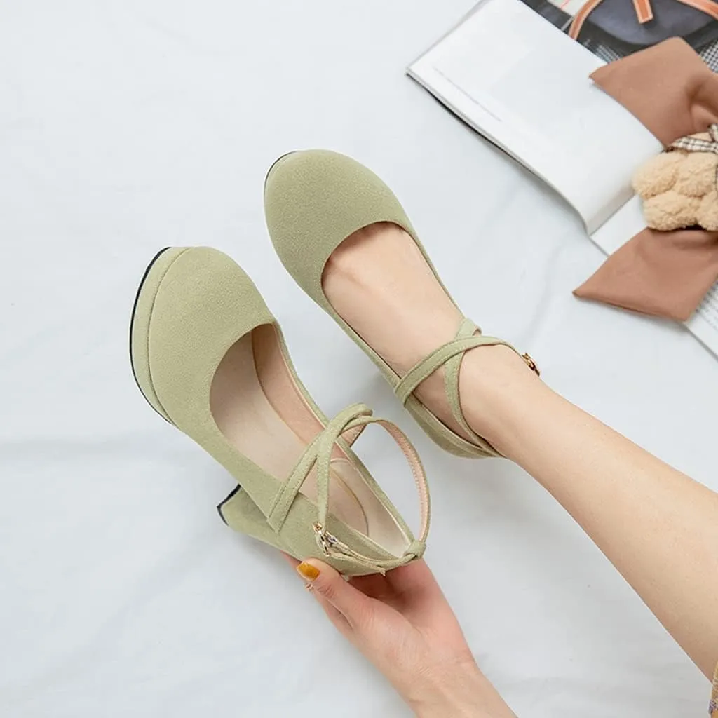 MIOKE Women's Square Toe Chunky High Block Heel Pumps Suede Buckle Strap Comfort Mary Jane Dress Shoes
