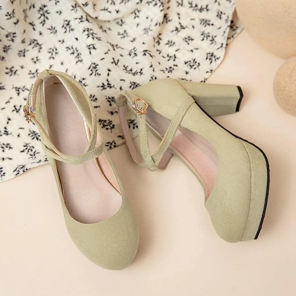 MIOKE Women's Square Toe Chunky High Block Heel Pumps Suede Buckle Strap Comfort Mary Jane Dress Shoes