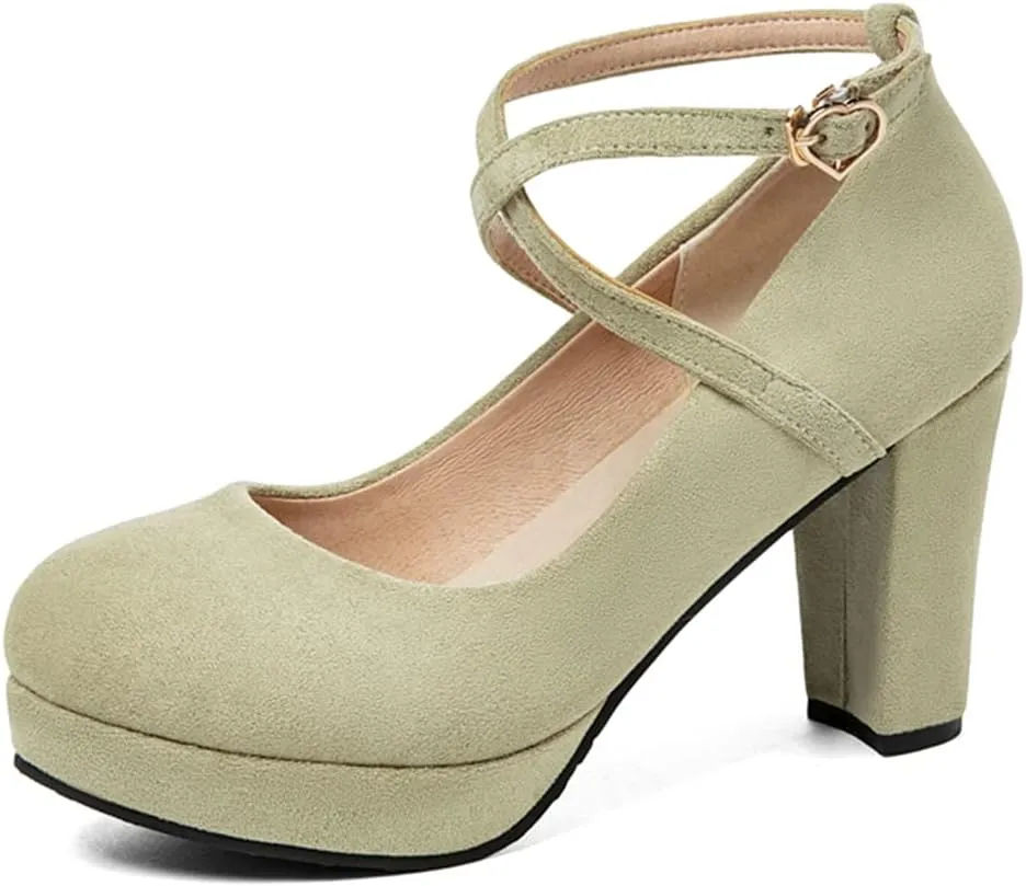 MIOKE Women's Square Toe Chunky High Block Heel Pumps Suede Buckle Strap Comfort Mary Jane Dress Shoes