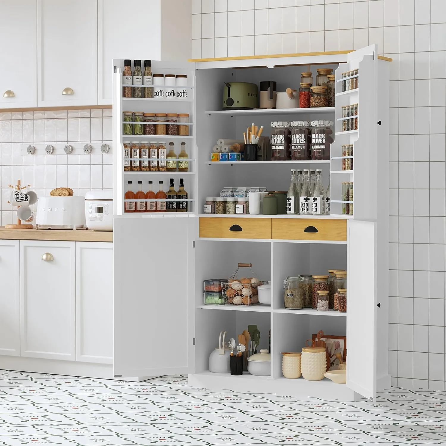 Modern Kitchen Pantry Cabinet, 71.3" Freestanding Storage Cabinet with 4 Doors and 2 Drawer, Tall Cupboard with 2 Adjustable Shelves & 8 Door Shelves for Kitchen, Living Room, Dining Room, White