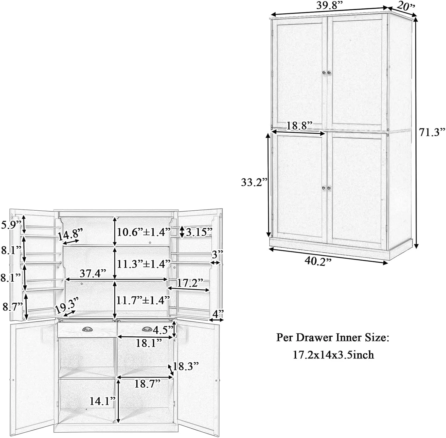 Modern Kitchen Pantry Cabinet, 71.3" Freestanding Storage Cabinet with 4 Doors and 2 Drawer, Tall Cupboard with 2 Adjustable Shelves & 8 Door Shelves for Kitchen, Living Room, Dining Room, White