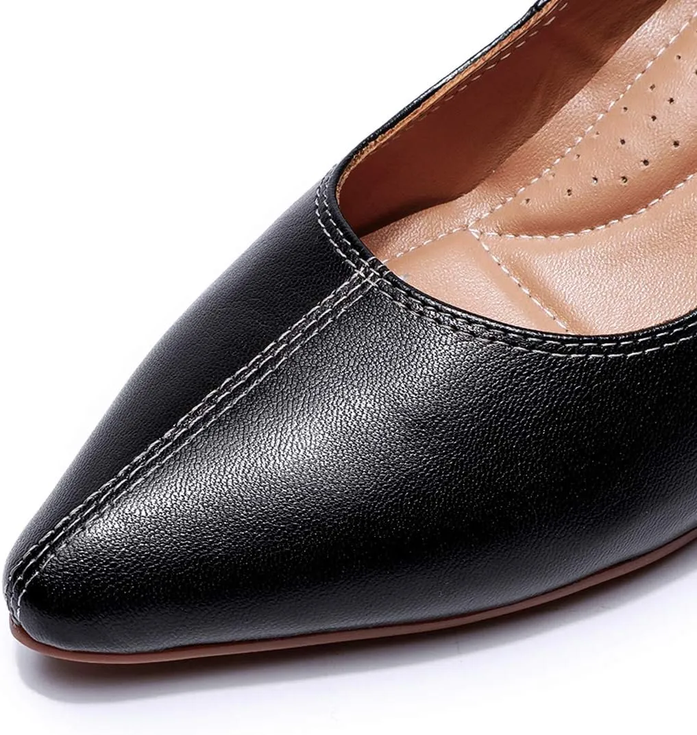 Mona flying Women's Leather Pump Med Heel Pointed Toe Office Dress Shoes for Ladies