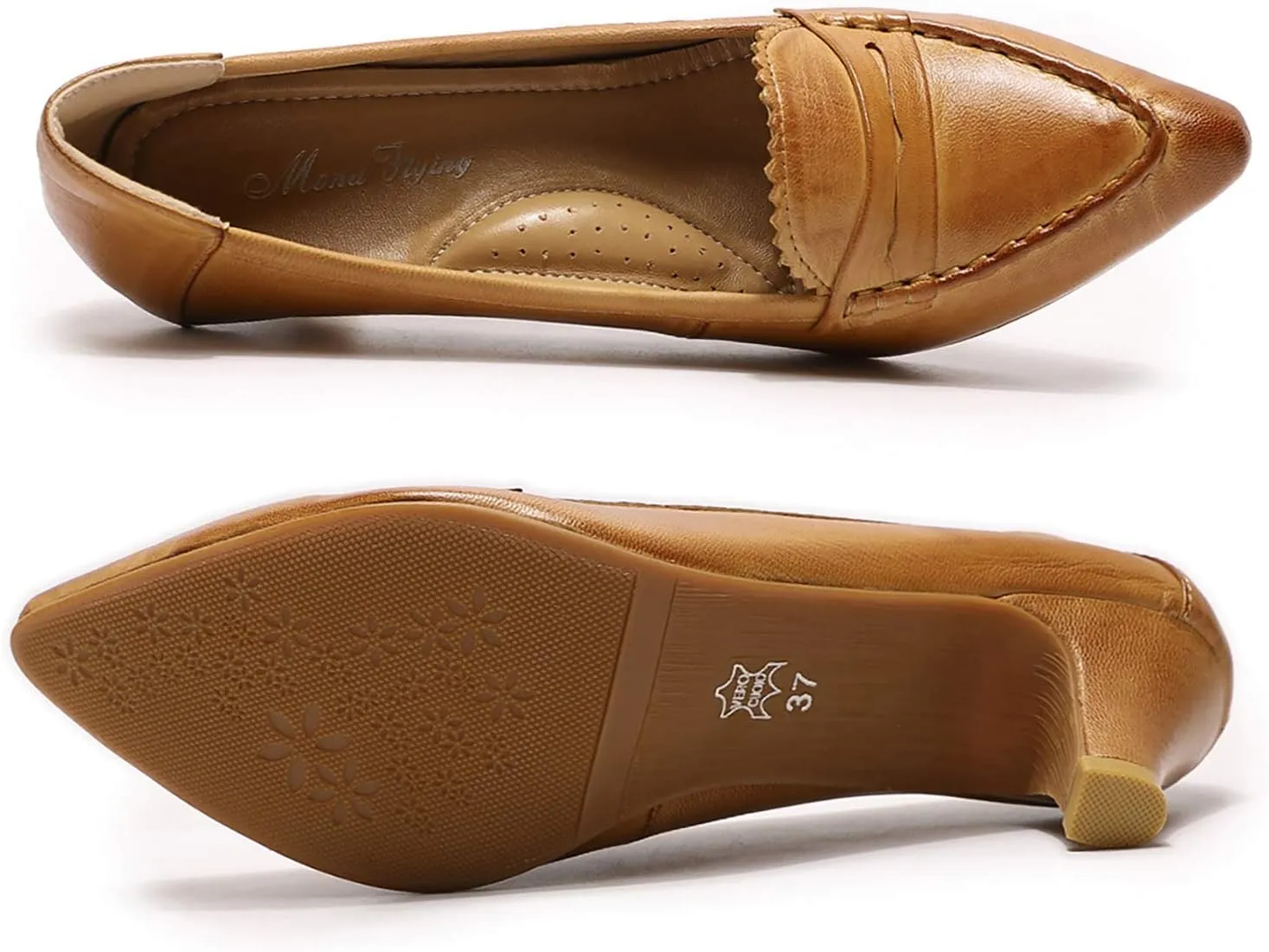 Mona flying Women's Leather Pump Med Heel Pointed Toe Office Dress Shoes for Ladies
