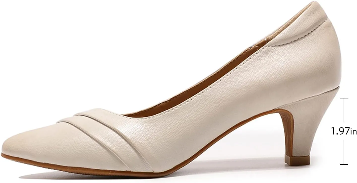 Mona flying Women's Leather Pump Med Heel Pointed Toe Office Dress Shoes for Ladies