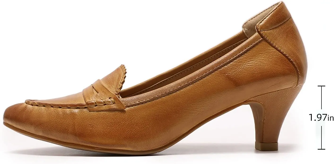 Mona flying Women's Leather Pump Med Heel Pointed Toe Office Dress Shoes for Ladies