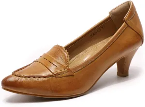 Mona flying Women's Leather Pump Med Heel Pointed Toe Office Dress Shoes for Ladies