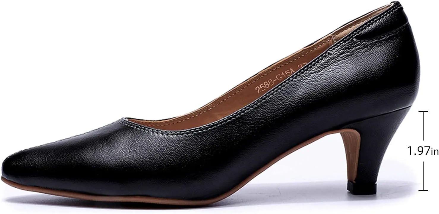 Mona flying Women's Leather Pump Med Heel Pointed Toe Office Dress Shoes for Ladies