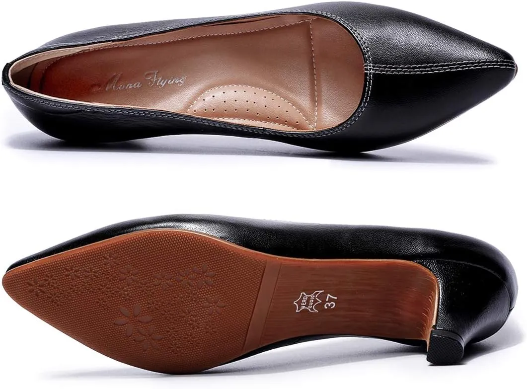 Mona flying Women's Leather Pump Med Heel Pointed Toe Office Dress Shoes for Ladies