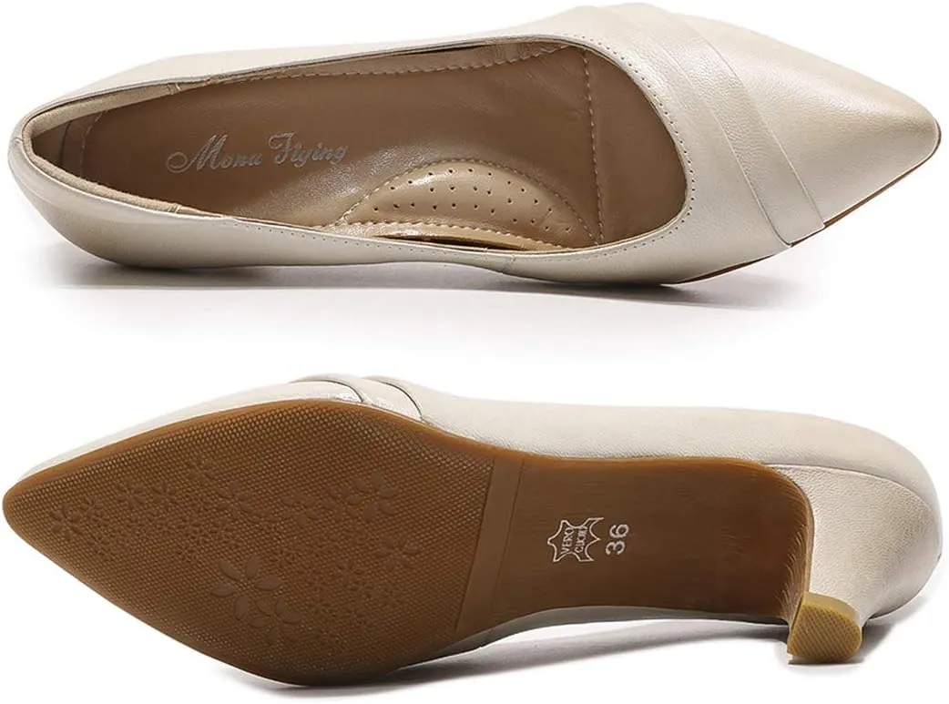 Mona flying Women's Leather Pump Med Heel Pointed Toe Office Dress Shoes for Ladies