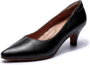 Mona flying Women's Leather Pump Med Heel Pointed Toe Office Dress Shoes for Ladies