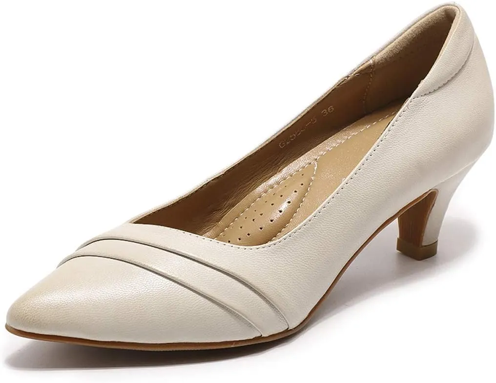 Mona flying Women's Leather Pump Med Heel Pointed Toe Office Dress Shoes for Ladies