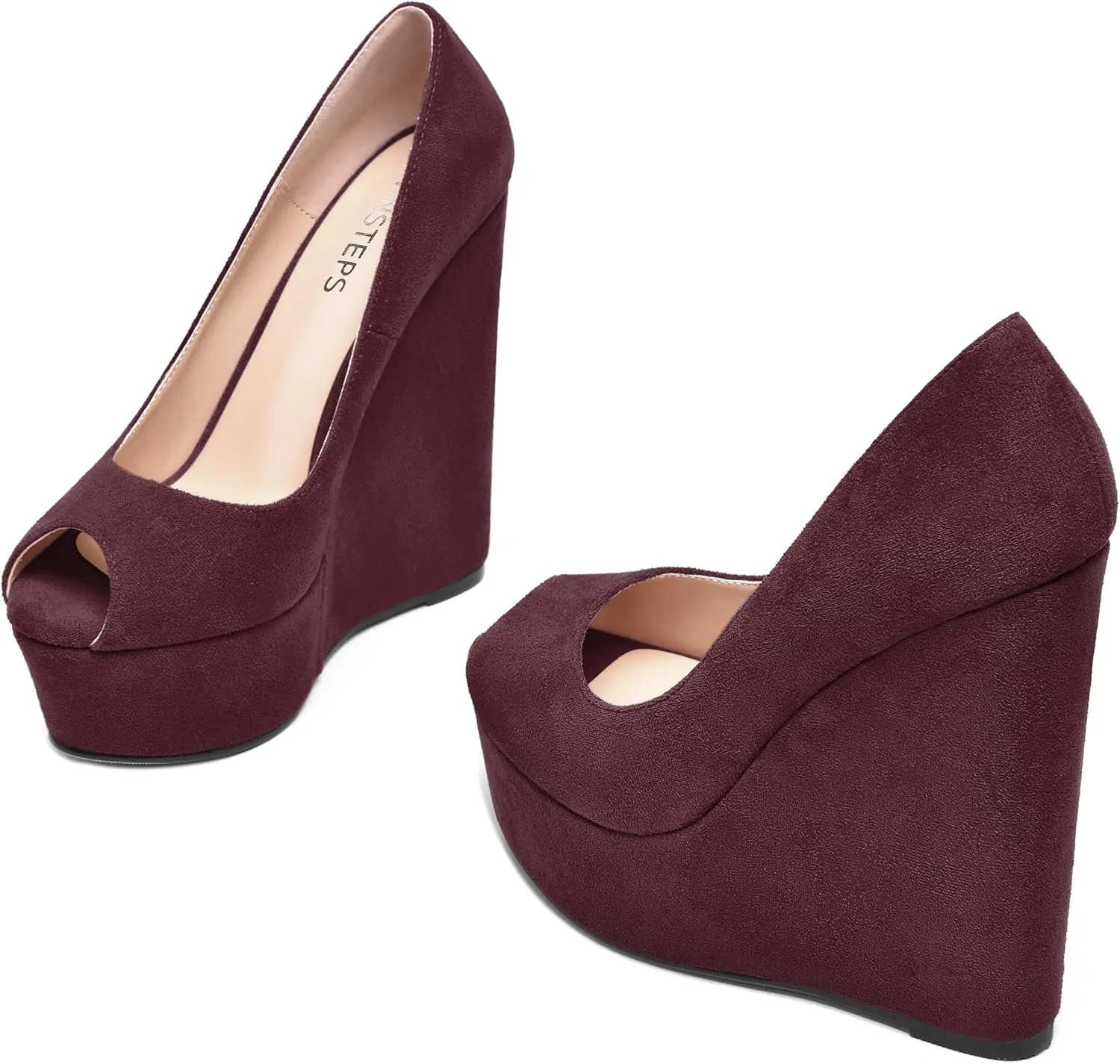 MOVINSTEPS Womens Fashion Peep Toe Suede Night Club Slip On Platform Wedge High Heel Pumps Shoes 6 Inch