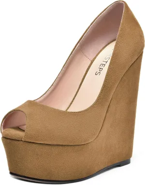 MOVINSTEPS Womens Fashion Peep Toe Suede Night Club Slip On Platform Wedge High Heel Pumps Shoes 6 Inch