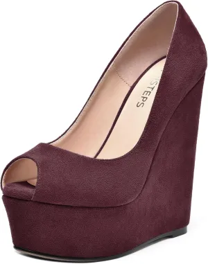 MOVINSTEPS Womens Fashion Peep Toe Suede Night Club Slip On Platform Wedge High Heel Pumps Shoes 6 Inch