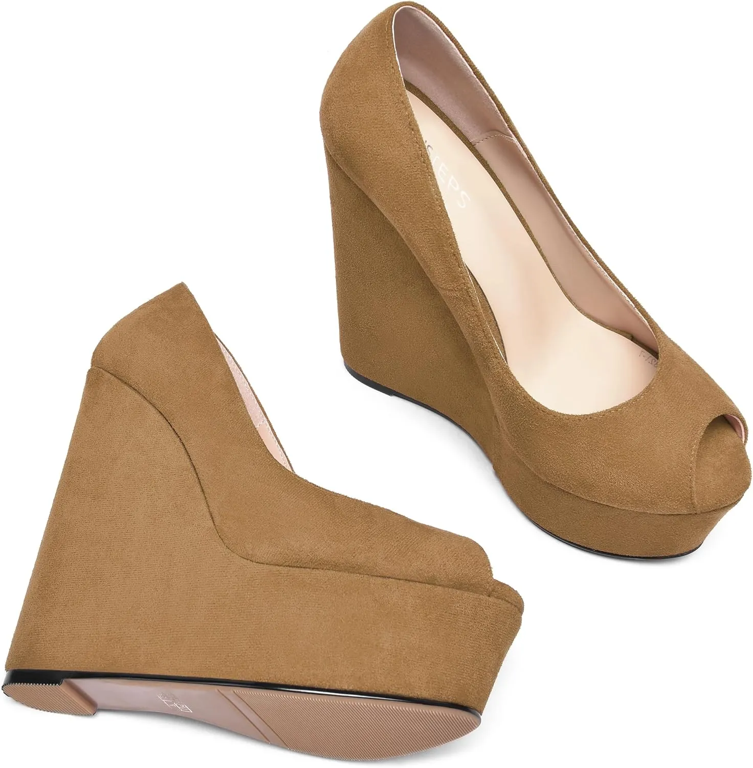 MOVINSTEPS Womens Fashion Peep Toe Suede Night Club Slip On Platform Wedge High Heel Pumps Shoes 6 Inch