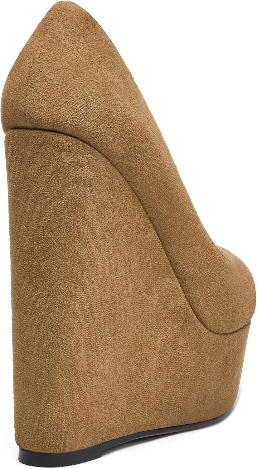 MOVINSTEPS Womens Fashion Peep Toe Suede Night Club Slip On Platform Wedge High Heel Pumps Shoes 6 Inch
