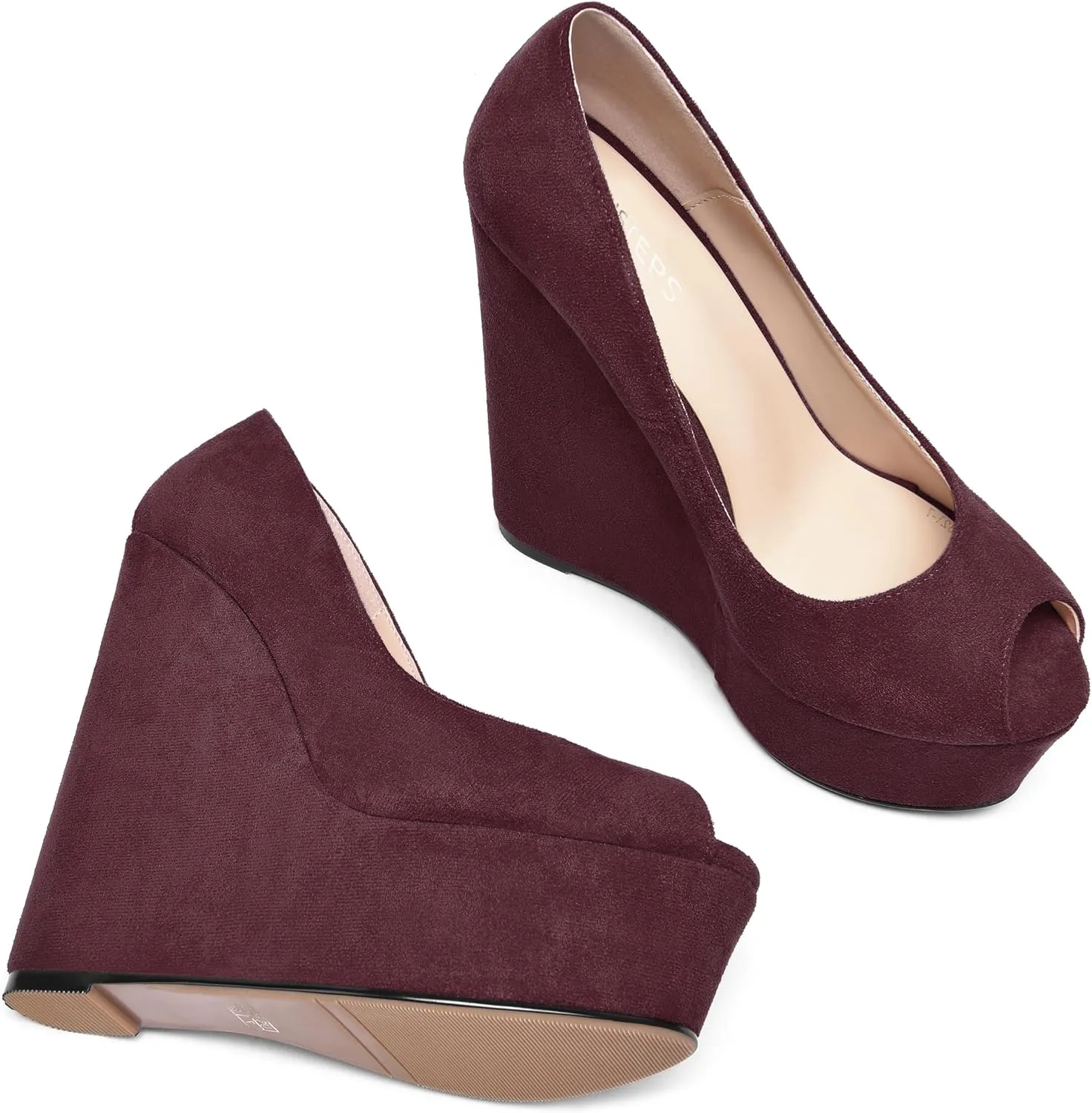 MOVINSTEPS Womens Fashion Peep Toe Suede Night Club Slip On Platform Wedge High Heel Pumps Shoes 6 Inch