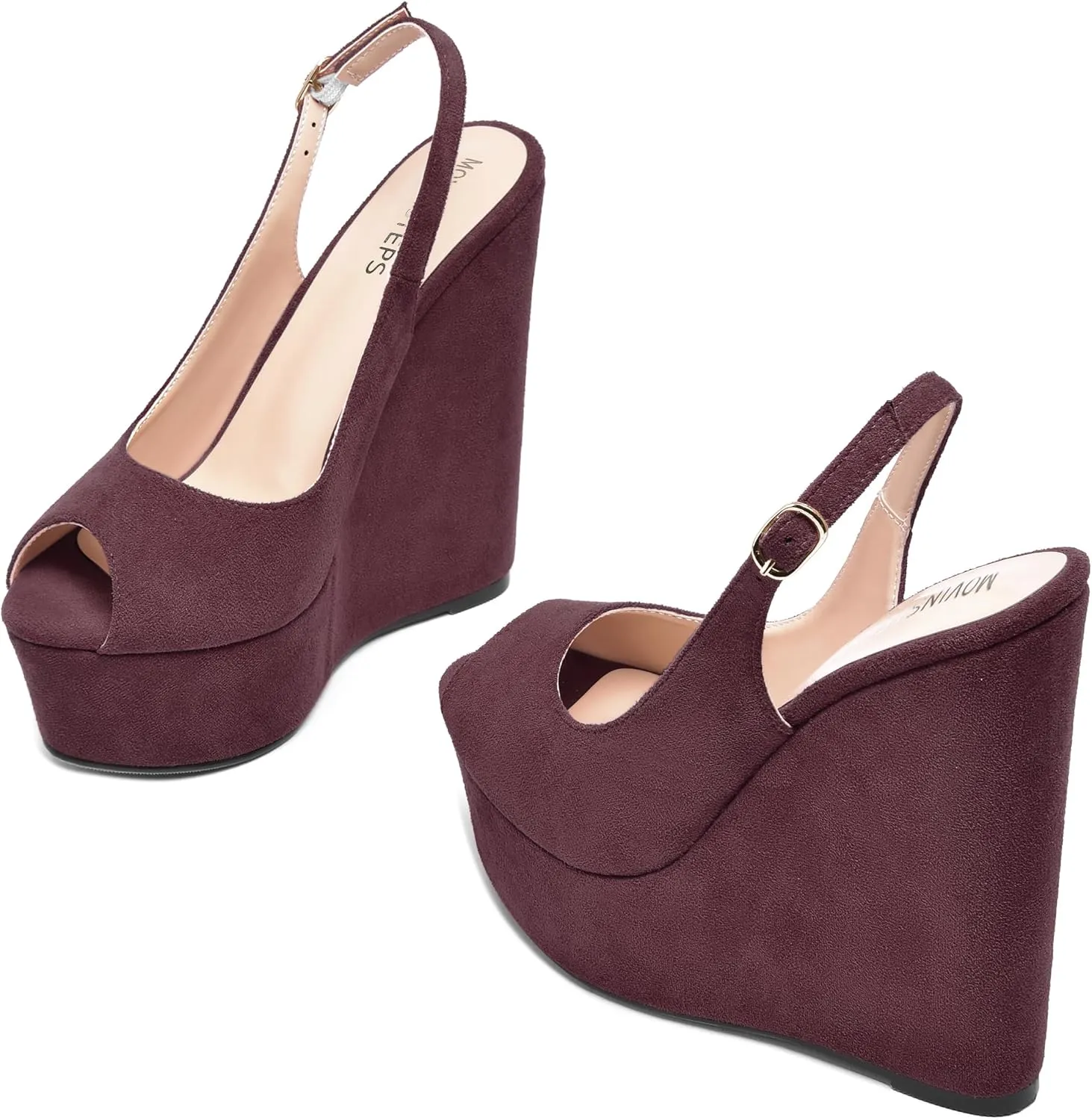 MOVINSTEPS Womens Platform Wedding Buckle Peep Toe Slingback Solid Dress Suede Wedge High Heel Pumps Shoes 6 Inch