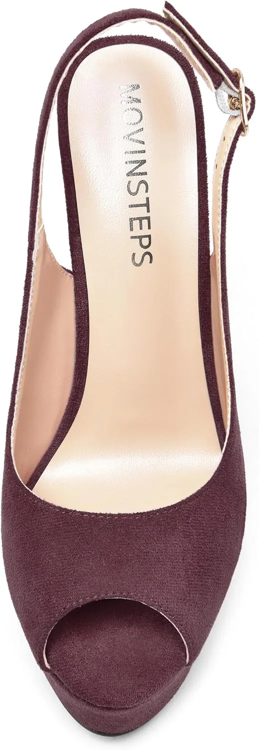 MOVINSTEPS Womens Platform Wedding Buckle Peep Toe Slingback Solid Dress Suede Wedge High Heel Pumps Shoes 6 Inch