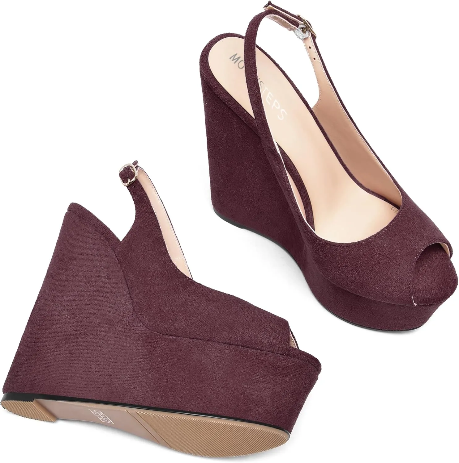 MOVINSTEPS Womens Platform Wedding Buckle Peep Toe Slingback Solid Dress Suede Wedge High Heel Pumps Shoes 6 Inch