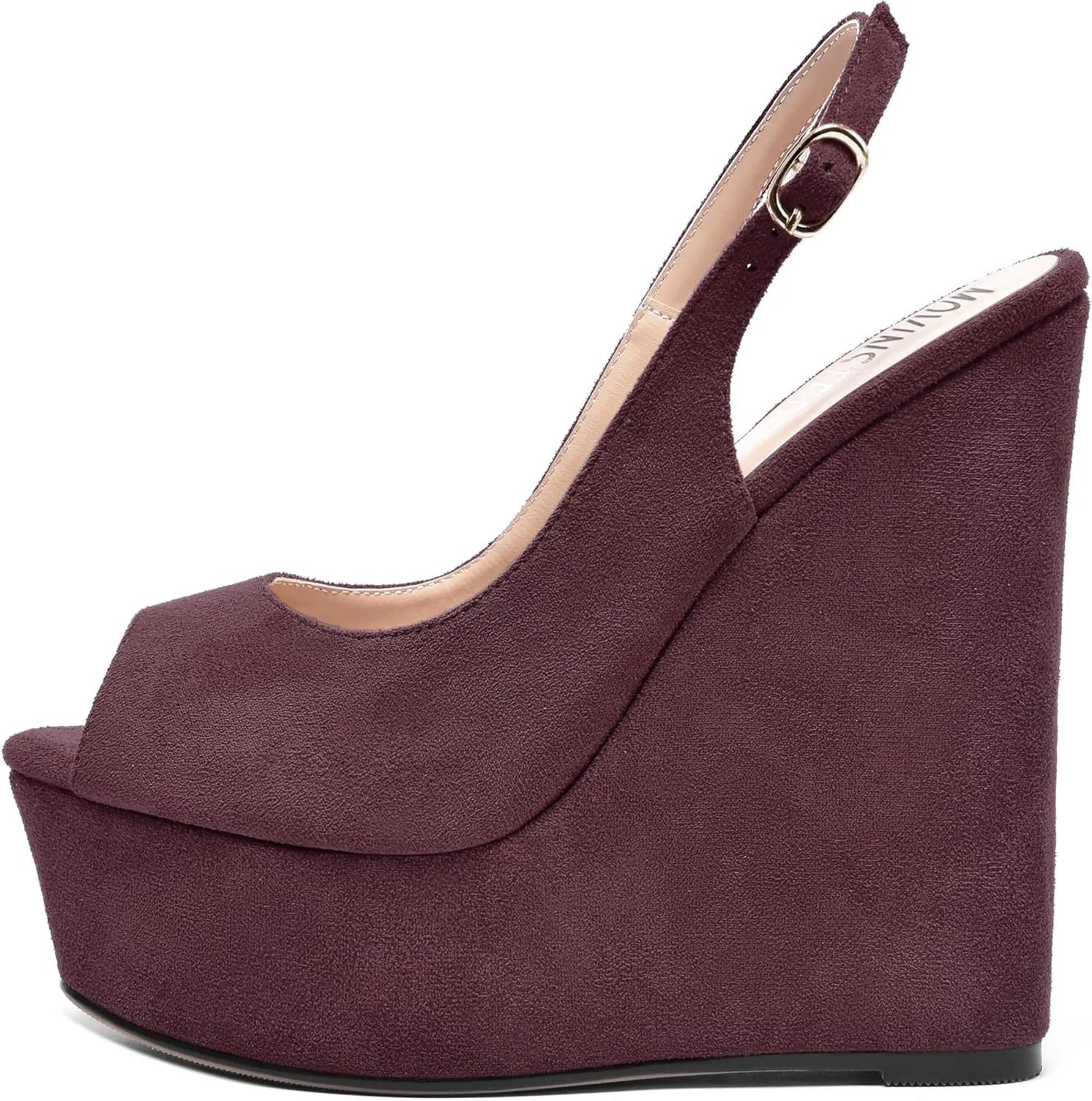 MOVINSTEPS Womens Platform Wedding Buckle Peep Toe Slingback Solid Dress Suede Wedge High Heel Pumps Shoes 6 Inch
