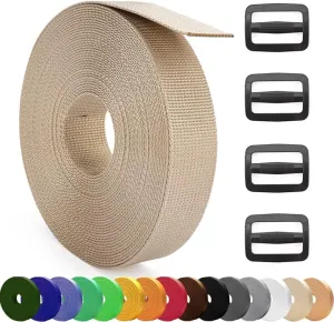 MOZETO 1 Inch Nylon Webbing Strap with Plastic Tri-Glide Slide Clips, 10 25 50 Yards Heavy Duty Nylon Strapping for Indoor or Outdoor Gear, DIY Crafting, Repairing