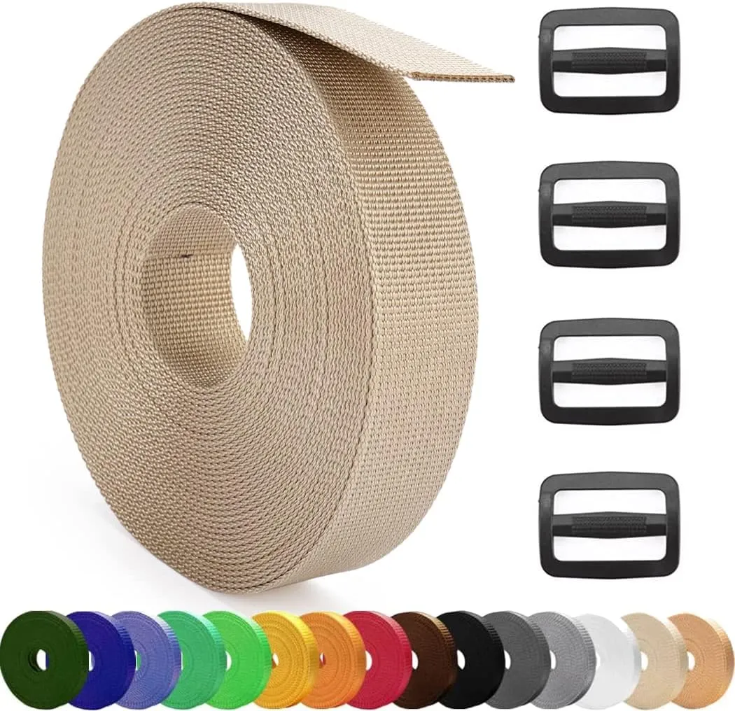MOZETO 1 Inch Nylon Webbing Strap with Plastic Tri-Glide Slide Clips, 10 25 50 Yards Heavy Duty Nylon Strapping for Indoor or Outdoor Gear, DIY Crafting, Repairing
