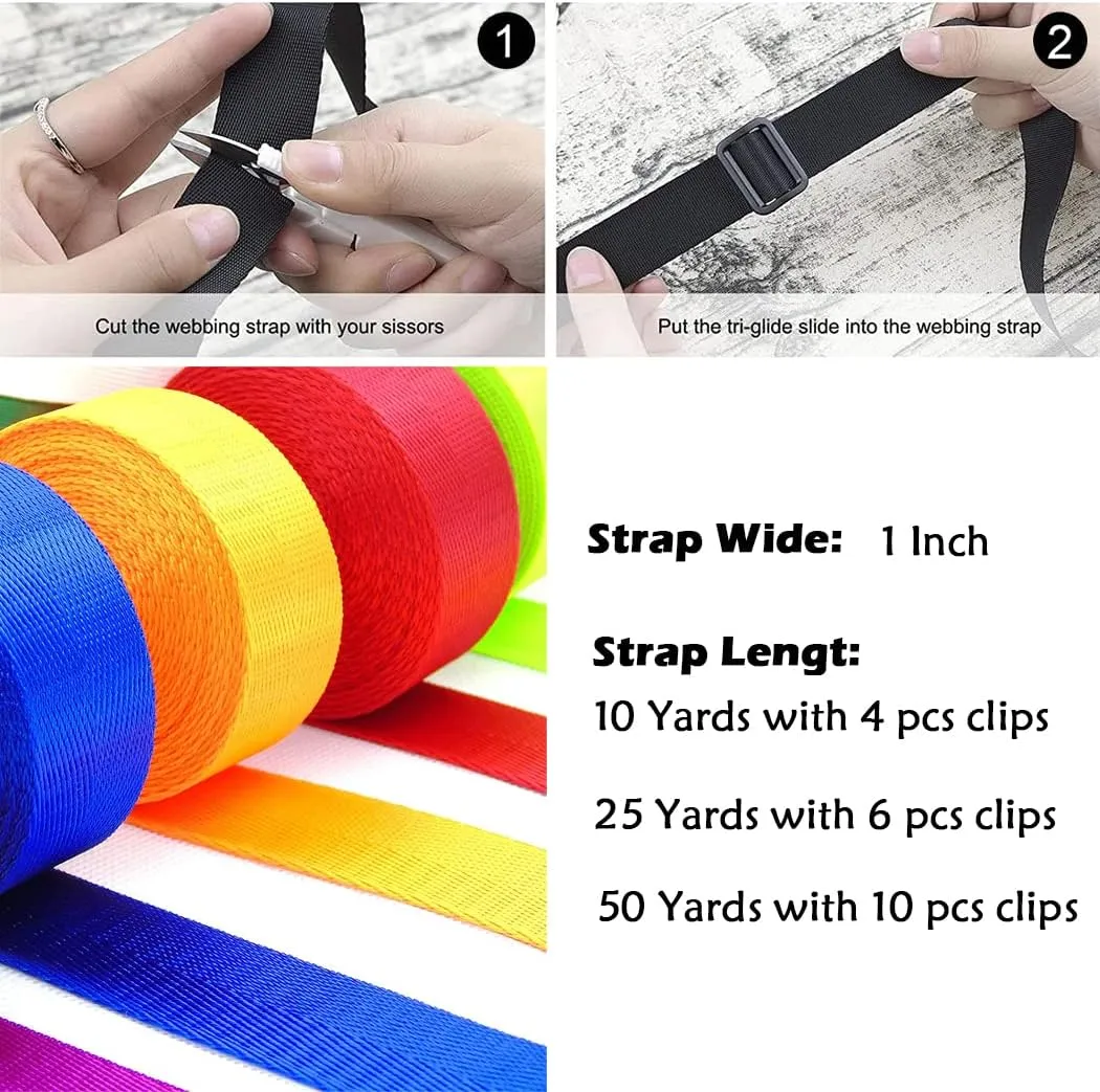 MOZETO 1 Inch Nylon Webbing Strap with Plastic Tri-Glide Slide Clips, 10 25 50 Yards Heavy Duty Nylon Strapping for Indoor or Outdoor Gear, DIY Crafting, Repairing