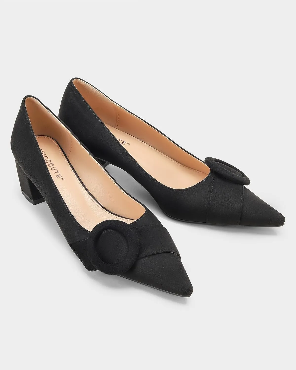 MUCCCUTE Chunky Heels for Women Closed Pointed Toe Pump 2'' Low Block Heels Fashion Round Buckle Dress Work Pumps