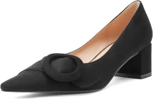 MUCCCUTE Chunky Heels for Women Closed Pointed Toe Pump 2'' Low Block Heels Fashion Round Buckle Dress Work Pumps