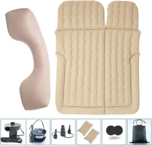 Multifunctional Car Inflatable Bed Air Mattress SUV Car Travel Outdoor Campting mat with Two Air Pillows and Air Pump for SUV Polyurethane, Full Full Beige