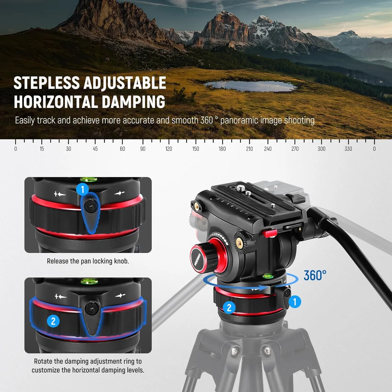 NEEWER Heavy Duty Video Tripod Fluid Head with Stepless Adjustable Pan/Tilt Damping, Quick Release Plate, Compatible with DJI RS Gimbals, Adjustable Handle, ⌀75mm Base, Max Load 22lb, GM006